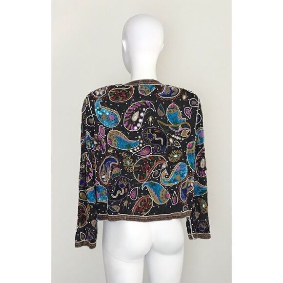 Vintage Frank Usher 70s 80s Black Sequin Beaded Silk Cardigan Jacket - Picture 7 of 13